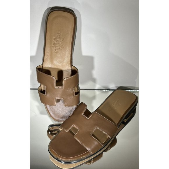 Hermes Brown Calfskin H Oran Classic Sandals Size Eu 35 Us 5 Euc